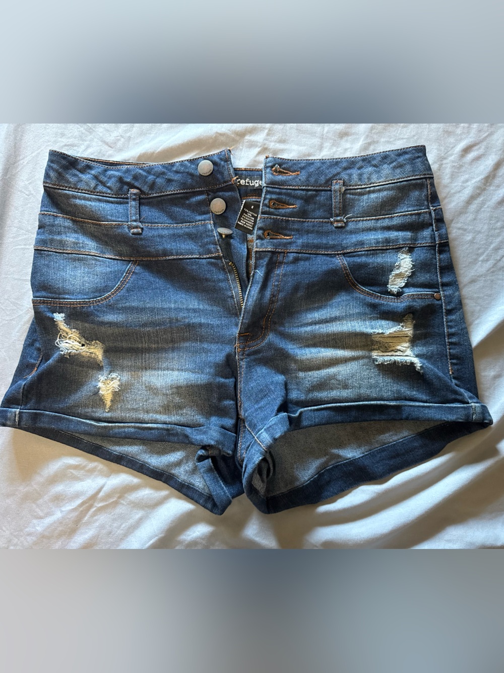 refuge dark blue high-waist distressed denim shorts